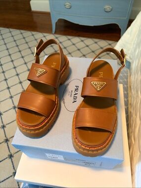 Prada Tan Leather Platform Sandals with Gold Triangle Logo